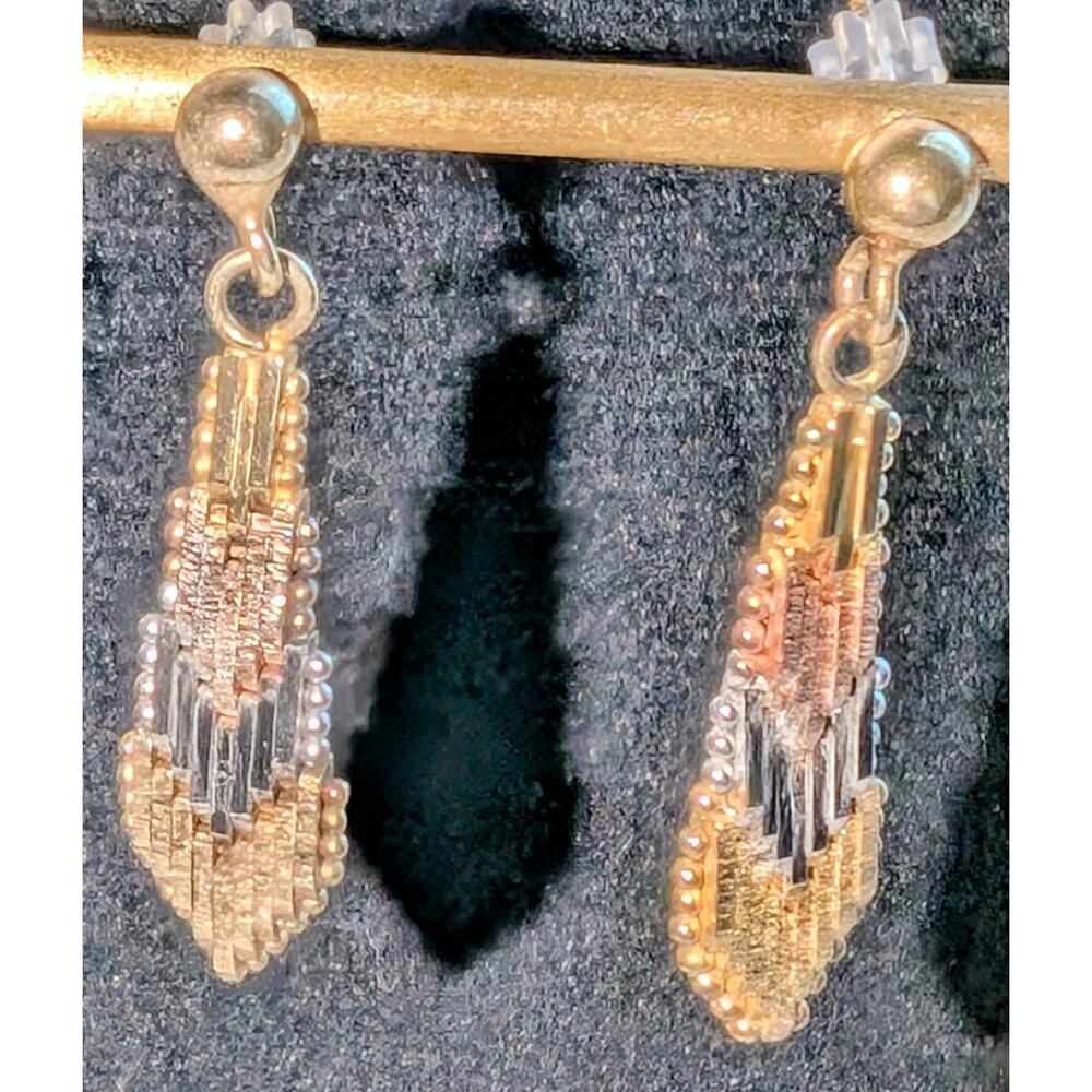 Vintage 925 Sterling Silver Tri-Color Articulated Chevron Drop Pierced Earrings